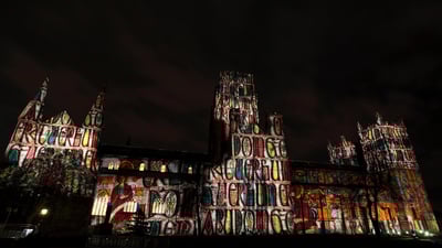 Bing wallpaper November 14, 2019. The 'Crown of Light' installation is projected onto Durham Cathedral during the 2013 Lumiere Durham festival in England (© Stuart Forster/Alamy)