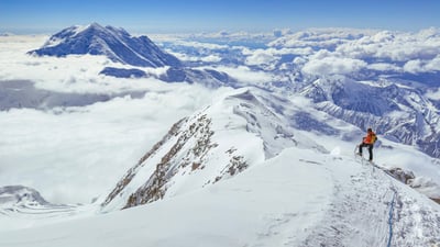 Bing wallpaper August 1, 2023. Climber on Denali, Denali National Park, Alaska (© Andrew Peacock/Tandem Stills + Motion)
