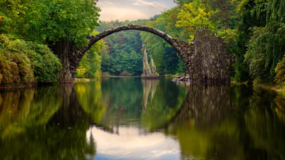 Bing wallpaper July 18, 2026. Devil's Bridge in Rhododendron Park Kromlau, Saxony, Germany (© Mike Mareen/Getty Images)