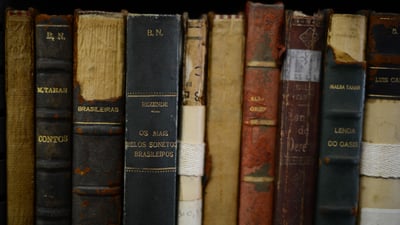 Bing wallpaper November 5, 2024. Vista de livros antigos na Biblioteca Nacional Brasileira no Rio de Janeiro (© CHRISTOPHE SIMON/AFP via Getty Images)