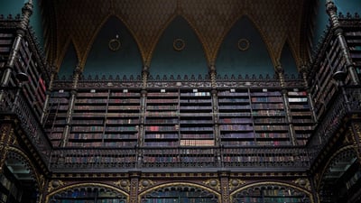 Bing wallpaper May 1, 2024. Real Gabinete Portugues de Leitura, Rio de Janeiro (© Wagner Meier/Getty Images)