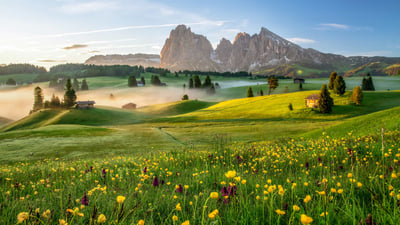 Bing wallpaper April 23, 2024. Seiser Alm in the Dolomites, South Tyrol, Italy (© Achim Thomae/Getty Images)