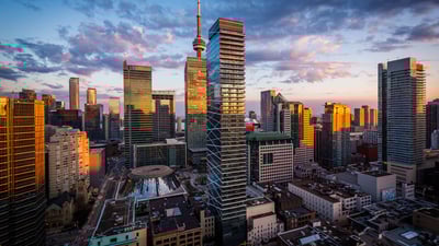Bing wallpaper April 26, 2019. View of modern buildings at sunset in downtown Toronto (© Jon Bilous/Shutterstock)
