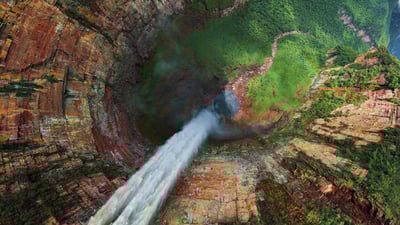 Bing wallpaper April 11, 2024. Aerial view of Churún Merú waterfall, Venezuela (© AirPano LLC/Amazing Aerial Agency)