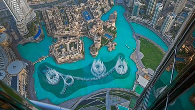 Bing wallpaper August 21, 2019. The Dubai Fountain in Burj Lake taken from the Burj Khalifa in Dubai (© Eli Asenova/Getty Images)