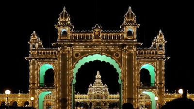 Bing wallpaper October 11, 2024. Mysuru Palace during Dasara, Karnataka (© Fameleaf Photos/Getty Images)