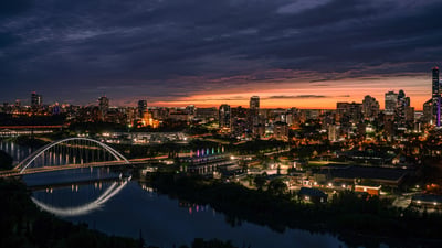 Bing wallpaper August 6, 2026. Edmonton at night, Alberta (© Tetyana Babiy/iStock/Getty Images)