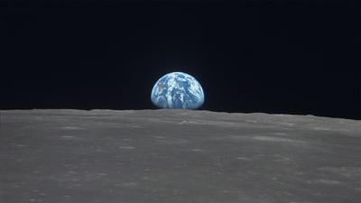 Bing wallpaper July 20, 2020. Earthrise across Mare Smythii on the moon (© Image Science and Analysis Laboratory, NASA-Johnson Space Center)