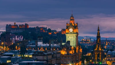 Bing wallpaper January 25, 2021. Twilight view over Edinburgh as seen from Calton Hill (© Henk Meijer/Alamy Stock Photo)