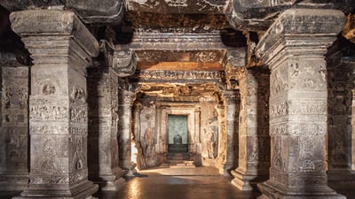 Bing wallpaper July 21, 2024. Ellora Caves near Aurangabad, Maharashtra (© saiko3p/Shutterstock)