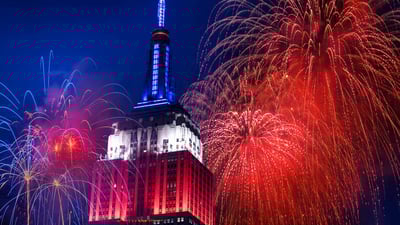 Bing wallpaper July 4, 2023. Empire State Building on the Fourth of July, New York City (© Tetra Images/Getty Images)