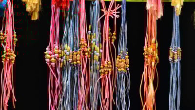 Bing wallpaper August 29, 2023. Rakhi or sacred thread of different types and colors (© Ritesh Shukla/Pacific Press/LightRocket via Getty Images)
