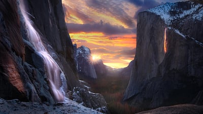 Bing wallpaper February 16, 2023. 'Firefall' on Horsetail Fall, Yosemite National Park, California (© Jeff Lewis/Tandem Stills + Motion)