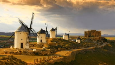 Bing wallpaper October 28, 2023. Windmills in Castilla-La Mancha, Spain (© Getty Images)