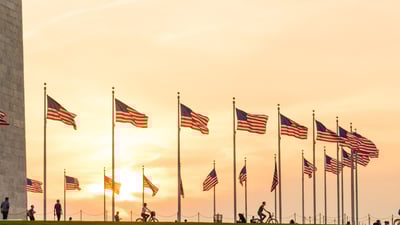 Bing wallpaper June 14, 2024. Flag display at the Washington Monument, Washington, DC (© tristanbnz/Adobe Stock)