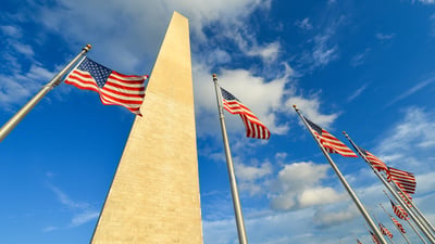 Bing wallpaper June 14, 2026. US flags surrounding the Washington Monument, Washington, DC  (© Orhan Cam/Shutterstock)