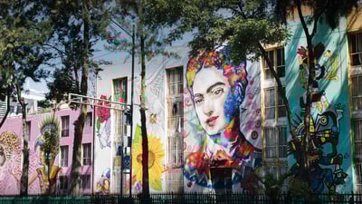 Bing wallpaper March 8, 2021. Frida Kahlo mural, Mexico (© Jessica Sample/Gallery Stock)