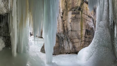 Bing wallpaper January 18, 2020. Majestic view of a frozen waterfall at Maligne Canyon, Jasper, Alta. (© Cavan Images/Offset)