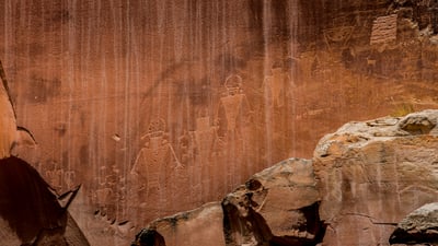 Bing wallpaper August 2, 2025. Petroglyphs near Fruita in Capitol Reef National Park, Utah, United States (© Nicolas VINCENT/Adobe Stock)