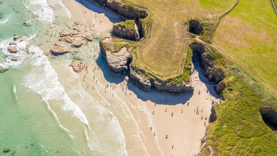 Bing wallpaper July 25, 2026. Praia das Catedrais, Galicia, Spain (© Tui De Roy/Amazing Aerial Agency/Abobe Stock)