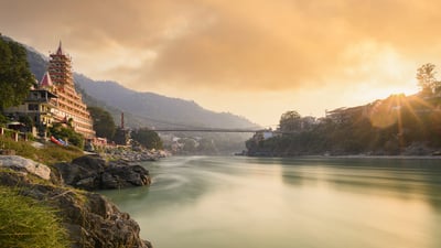 Bing wallpaper June 20, 2022. Ganga river, Lakshman Jhula, and Tera Manzil Temple in Rishikesh, India (© Travelwild/Shutterstock)
