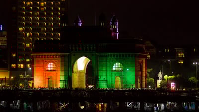 Bing wallpaper January 25, 2022. Gateway of India illuminated with Tricolour lights (© Sourabh Kumar/500px/Getty Images)