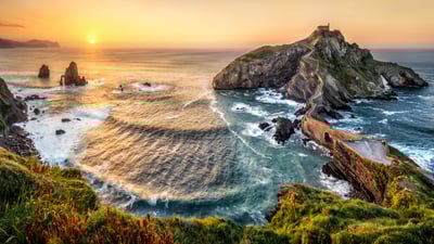Bing wallpaper April 5, 2025. Gaztelugatxe at sunset, Basque Country, Spain (© Eloi_Omella/Getty Images)
