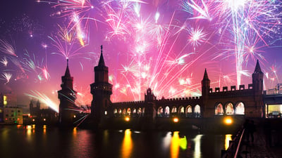 Bing wallpaper December 31, 2025. Oberbaum Bridge, Berlin, Germany (© spreephoto.de/Getty Images)