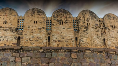 Bing wallpaper August 24, 2024. Arched parapets of the Golconda Fort in Hyderabad, Telangana (© Manab Sen/Alamy Stock Photo)