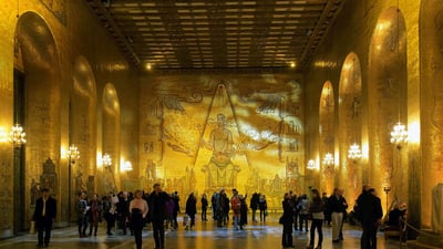 Bing wallpaper December 10, 2019. Golden Hall in Stockholm City Hall for today's Nobel Prize award ceremonies (© Mikhail Markovskiy/Shutterstock)