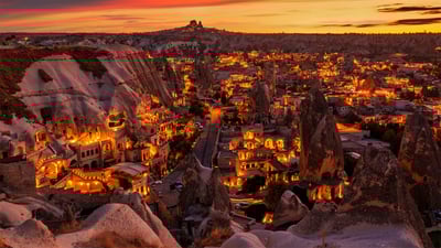 Bing wallpaper May 9, 2022. View of Göreme from an observation deck, Göreme National Park, Cappadocia, Turkey (© Anton Petrus/Getty Images)