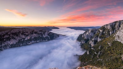 Bing wallpaper December 6, 2023. A foggy morning at Verdon Gorge in the Alpes-de-Haute-Provence of France (© Hemis/Alamy)