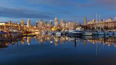 Bing wallpaper February 9, 2020. Boats resting between the Granville Bridge and the Burrard Bridge in False Creek, Vancouver (© Greg Norgaard/Alamy Stock Photo)