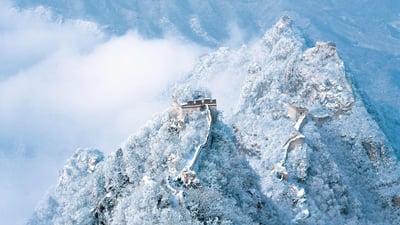 Bing wallpaper January 8, 2025. Snow on the Great Wall of China (© View Stock/Alamy)