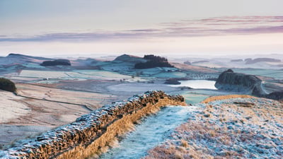 Bing wallpaper January 12, 2021. Frosty morning at Hadrian's Wall on Winshields Crags, looking towards Crag Lough in Northumberland (© Nigel Eve/Shutterstock)