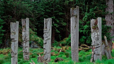 Bing wallpaper October 12, 2020. Haida totem poles on Haida Gwaii in British Columbia, Canada (© Michio Hoshino/Minden Pictures)
