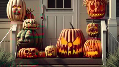 Bing wallpaper October 31, 2023. Halloween jack-o'-lanterns on a porch (© Bing Image Creator)