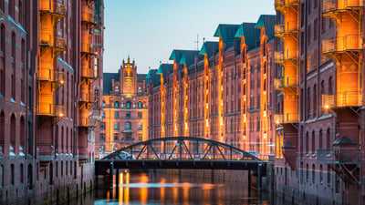 Bing wallpaper February 3, 2026. Speicherstadt in der Dämmerung, Hamburg (© bluejayphoto/Getty Images)