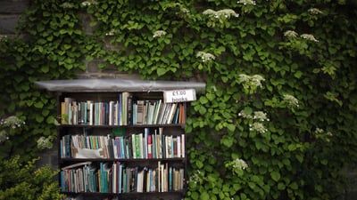 Bing wallpaper May 26, 2024. Second-hand books at the Hay Festival, Hay-on-Wye, Wales (© Christopher Furlong/Staff/Getty Images News)
