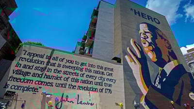 Bing wallpaper February 8, 2021. John Lewis hero mural by Sean Schwab in the Sweet Auburn district of Atlanta, Georgia (© Ilene Perlman/Alamy)