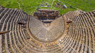 Bing wallpaper July 2, 2020. Aerial view of the theater at the ancient city of Hierapolis, adjacent to Pamukkale, Turkey (© Amazing Aerial Agency/Offset by Shutterstock)