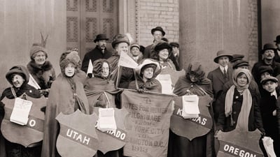 Bing wallpaper March 1, 2020. Women's suffragists who walked from New York City to Washington, DC, to join the National American Woman Suffrage Association parade on March 3, 1913 (© Everett Collection/age fotostock)