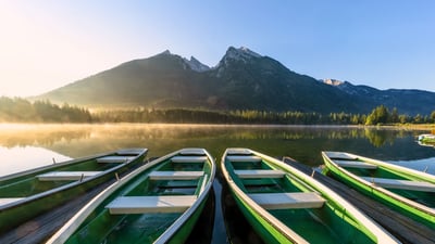 Bing wallpaper July 5, 2023. Row of boats at Hintersee lake, Bavaria, Germany (© Achim Thomae/Getty Images)