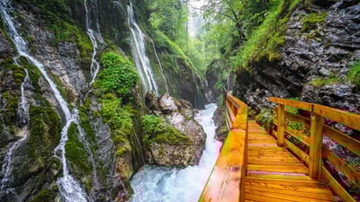 Bing wallpaper October 13, 2025. Waterfall at Wimbachklamm Gorge, Bavaria, Germany (© EyeEm Mobile GmbH/Getty Images)