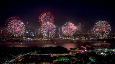 Bing wallpaper July 4, 2024. Fireworks over the Hudson River on the Fourth of July, New York (© New York on Air/Shutterstock)