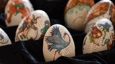 Bing wallpaper March 31, 2024. Easter eggs painted by Tünde Csuhaj, Szekszárd, Hungary (© ATTILA KISBENEDEK/AFP/Getty Images)