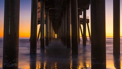 Bing wallpaper August 18, 2024. Huntington Beach Pier, California, at sunset (© Stan Moniz Photography/Tandem Stills + Motion)