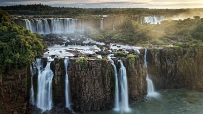 Bing wallpaper August 8, 2025. The Three Musketeers Falls at Iguazú Falls, Argentina (© Mark Meredith/Getty Images)