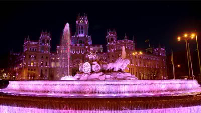 Bing wallpaper March 8, 2023. Cibeles Fountain and Madrid City Hall lit for International Women's Day, Madrid, Spain (© dpa picture alliance/Alamy)