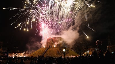 Bing wallpaper February 17, 2025. Fireworks at Clifford's Tower during the Jorvik Viking Festival (© Ian Forsyth/Stringer/Getty Images)